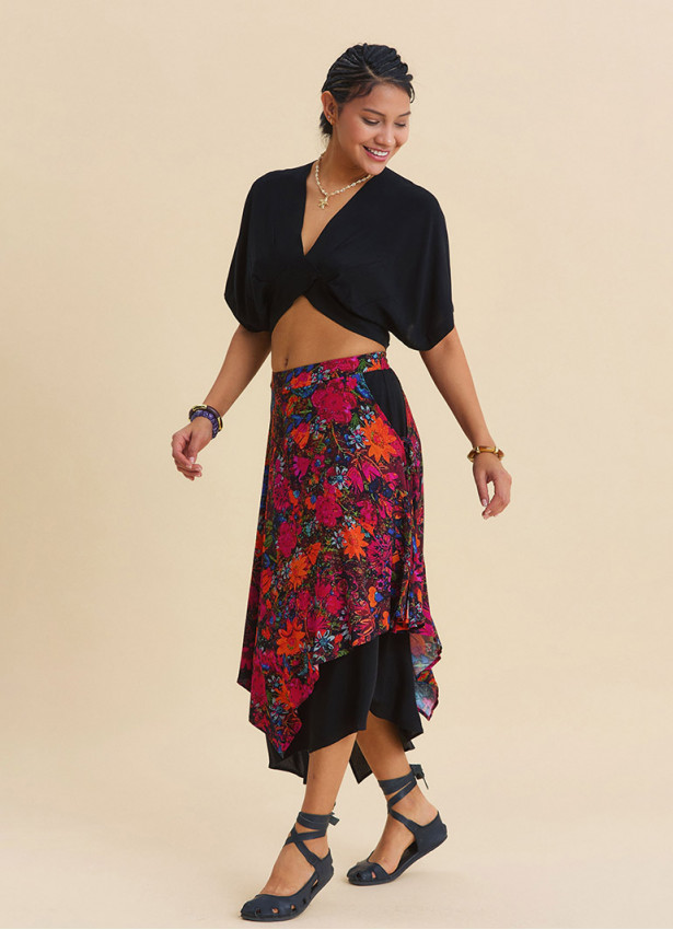 Elasticated Waist Double Layered Black Floral Skirt 4911
