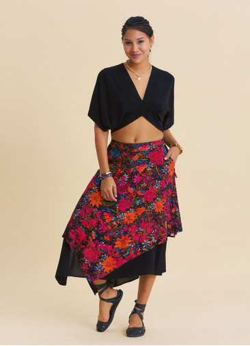 Elasticated Waist Double Layered Black Floral Skirt 4911