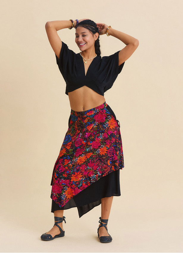Elasticated Waist Double Layered Black Floral Skirt 4911