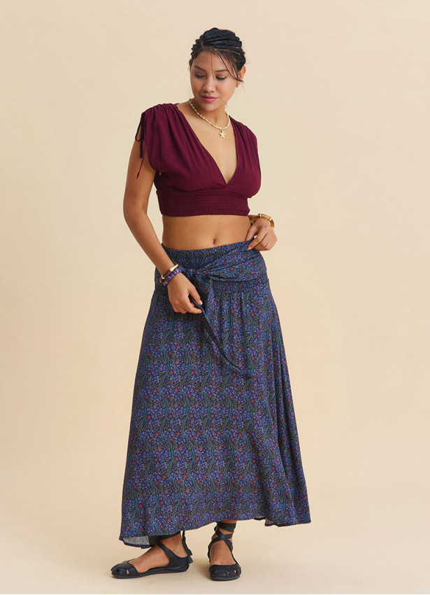 Gipe Detailed Waist Tied Navy Blue Floral Skirt 4897