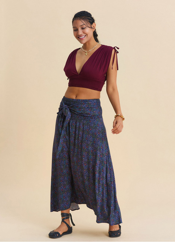 Gipe Detailed Waist Tied Navy Blue Floral Skirt 4897