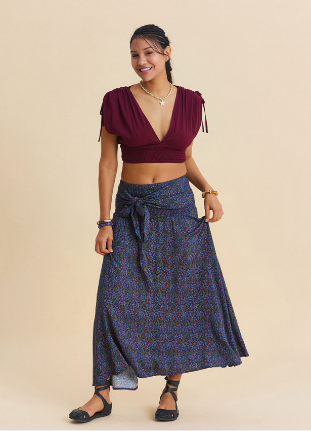 Gipe Detailed Waist Tied Navy Blue Floral Skirt 4897