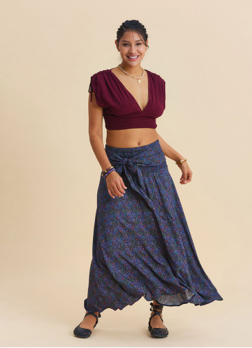 Gipe Detailed Waist Tied Navy Blue Floral Skirt 4897