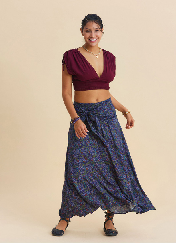 Gipe Detailed Waist Tied Navy Blue Floral Skirt 4897