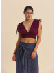 Deep V Neck Belted Burgundy Crop Blouse 4933