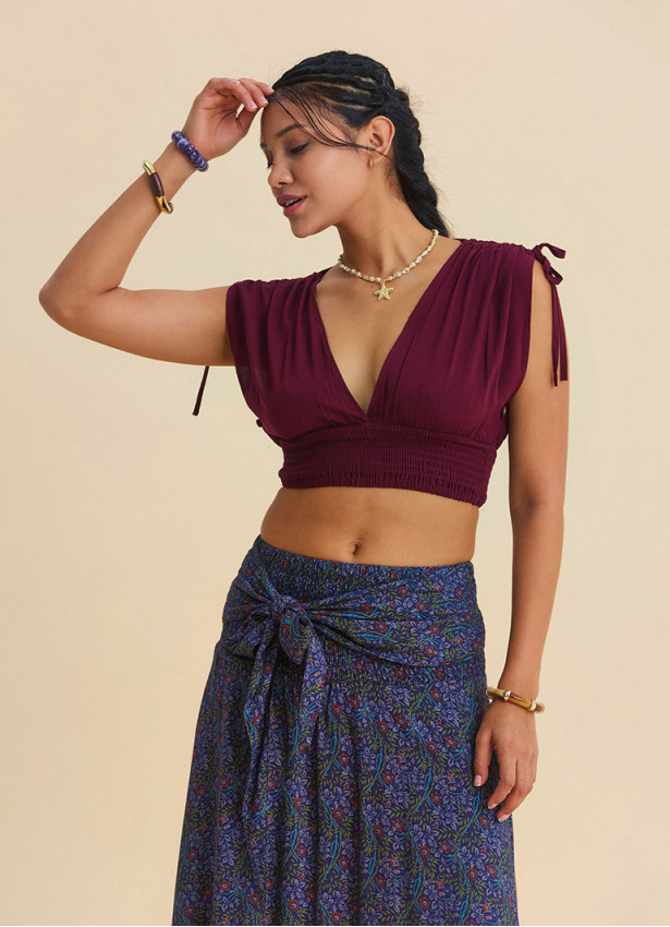Deep V Neck Belted Burgundy Crop Blouse 4933