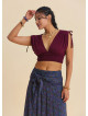 Deep V Neck Belted Burgundy Crop Blouse 4933