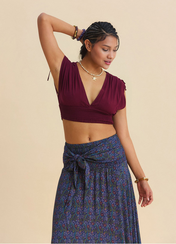 Deep V Neck Belted Burgundy Crop Blouse 4933