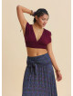 Deep V Neck Belted Burgundy Crop Blouse 4933