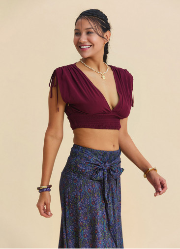 Deep V Neck Belted Burgundy Crop Blouse 4933
