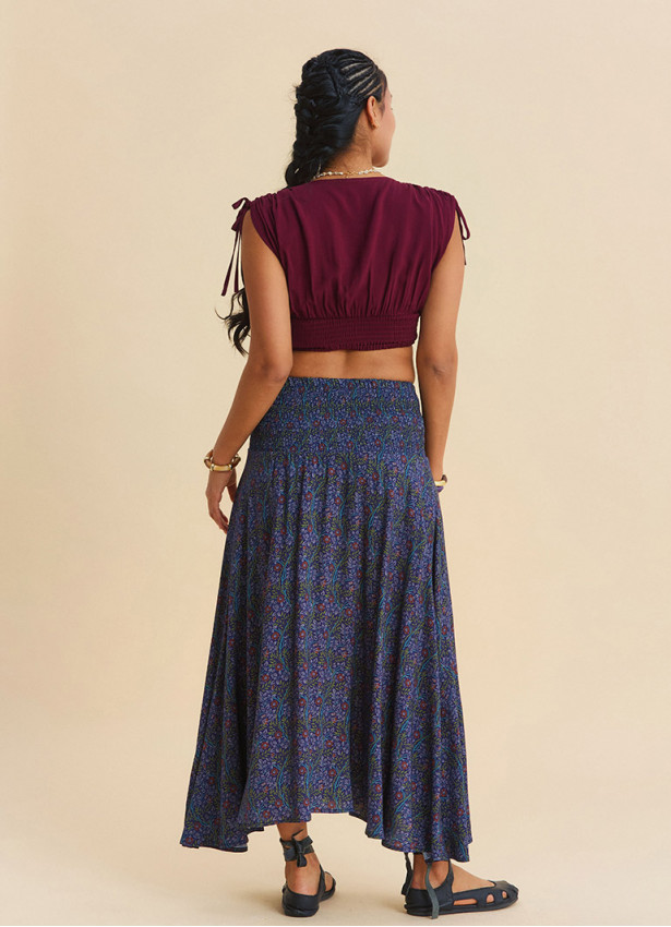 Gipe Detailed Waist Tied Navy Blue Floral Skirt 4897