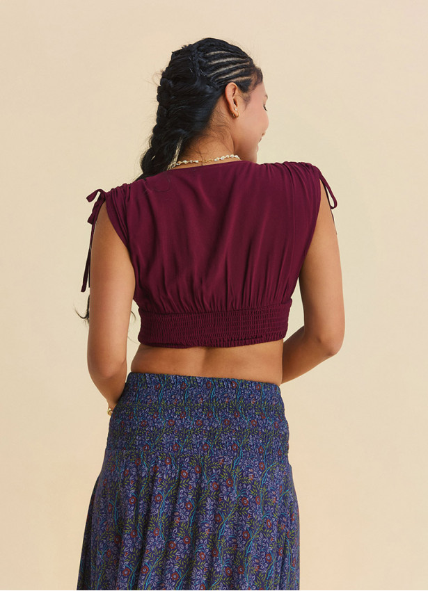 Deep V Neck Belted Burgundy Crop Blouse 4933