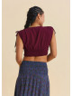 Deep V Neck Belted Burgundy Crop Blouse 4933