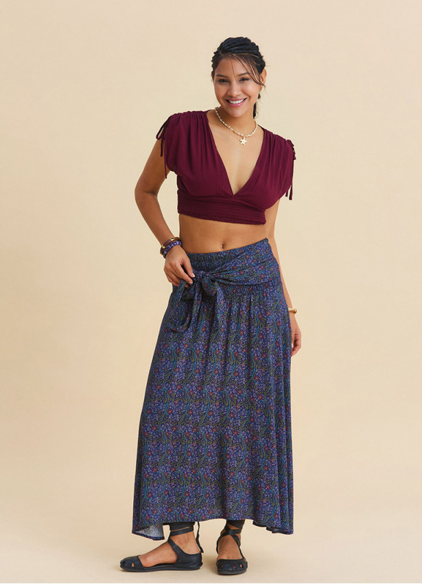 Deep V Neck Belted Burgundy Crop Blouse 4933