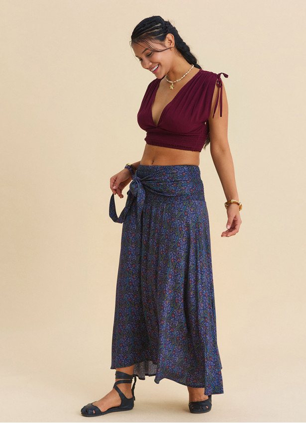 Gipe Detailed Waist Tied Navy Blue Floral Skirt 4897