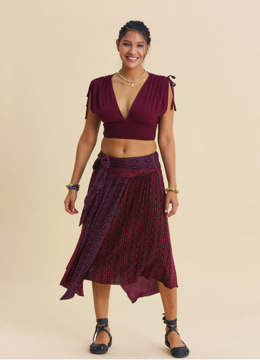 Gipe Detailed Belted Burgundy Summer Skirt 4903