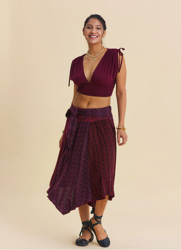 Gipe Detailed Belted Burgundy Summer Skirt 4903