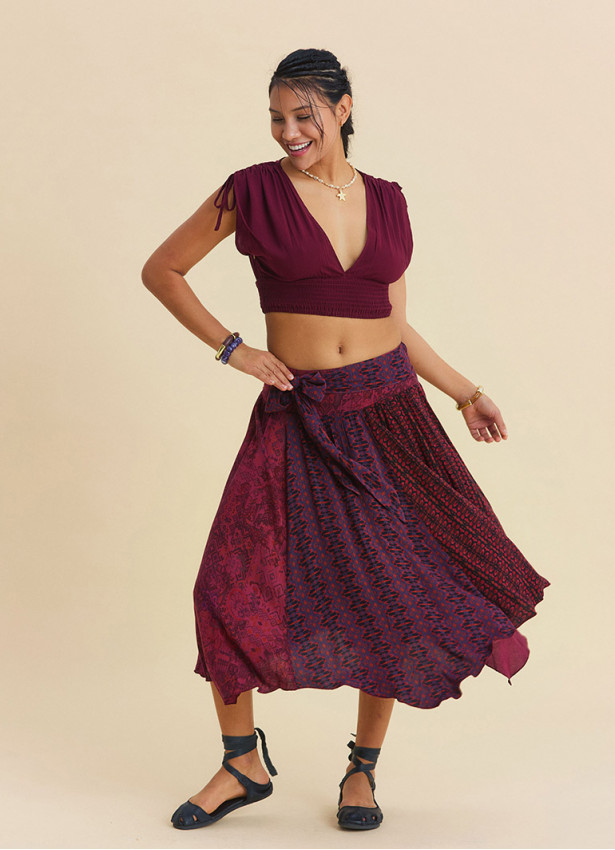 Gipe Detailed Belted Burgundy Summer Skirt 4903