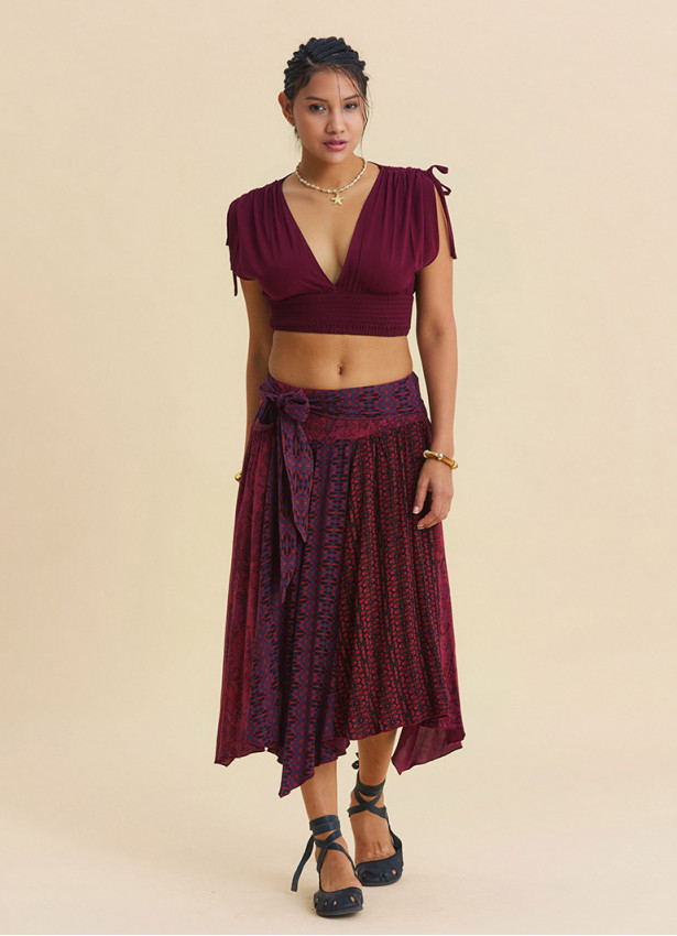 Gipe Detailed Belted Burgundy Summer Skirt 4903