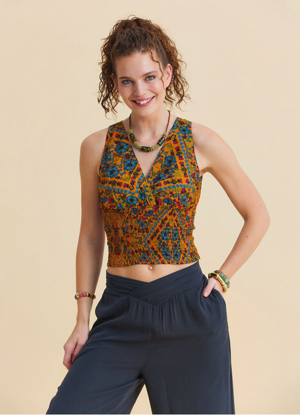 V neck Gipe detailed  backtie mustard coloured floral blouse 4925