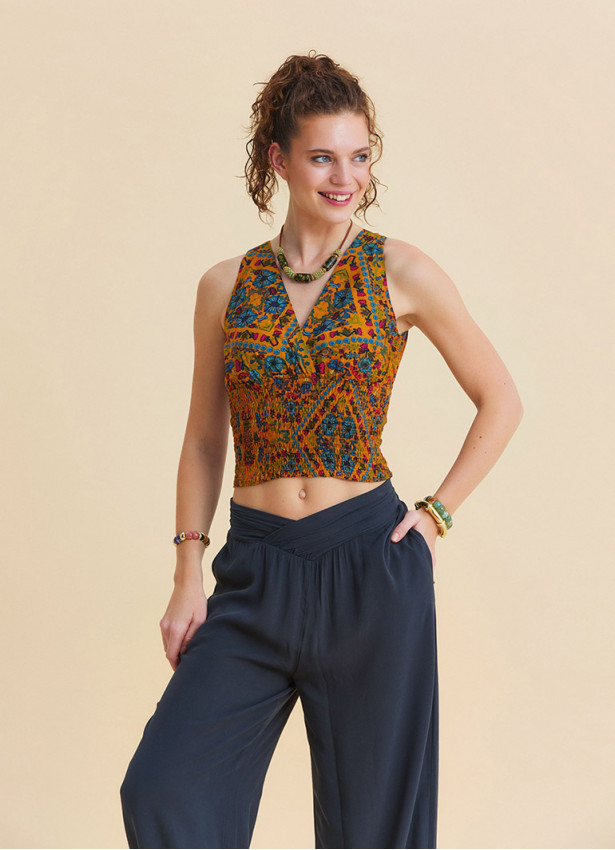 V neck Gipe detailed  backtie mustard coloured floral blouse 4925