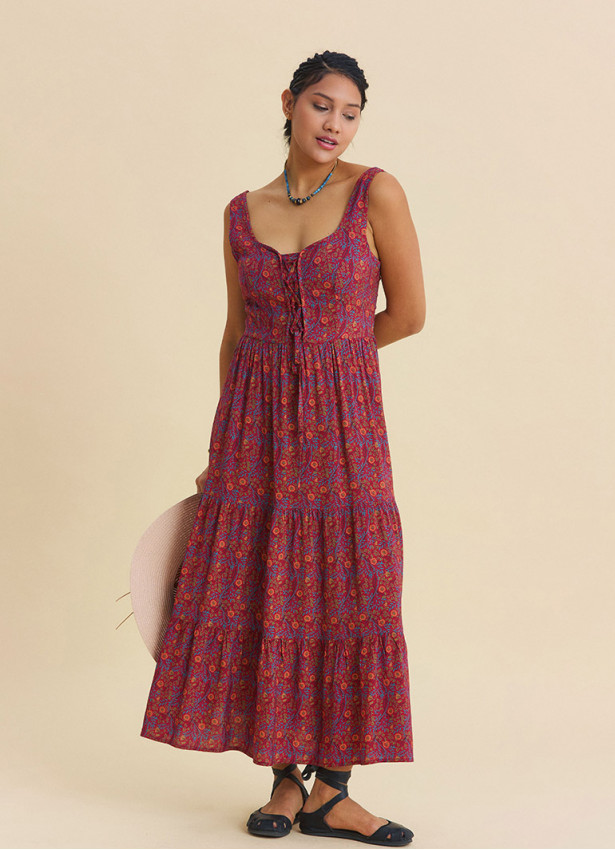 Wide Collar Front Tie Red Floral Dress 4824