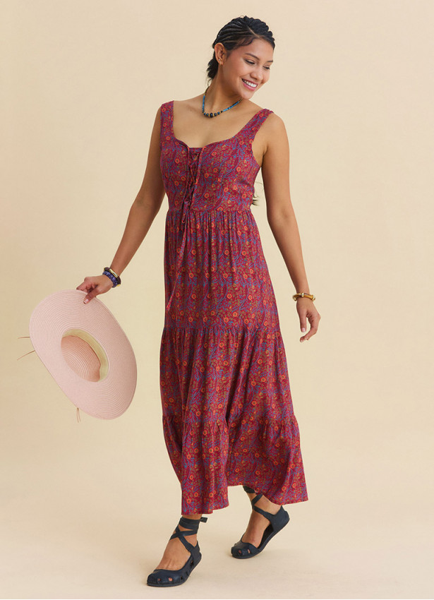 Wide Collar Front Tie Red Floral Dress 4824