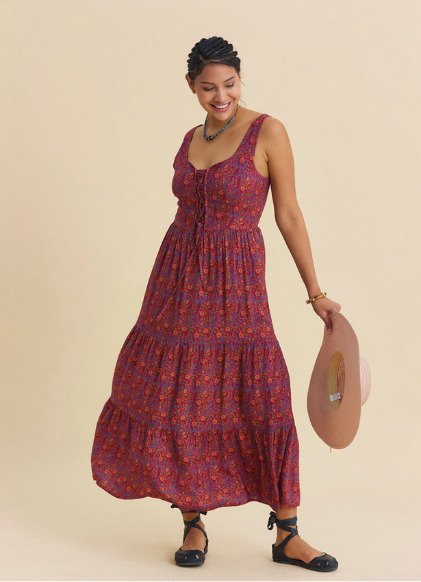 Wide Collar Front Tie Red Floral Dress 4824