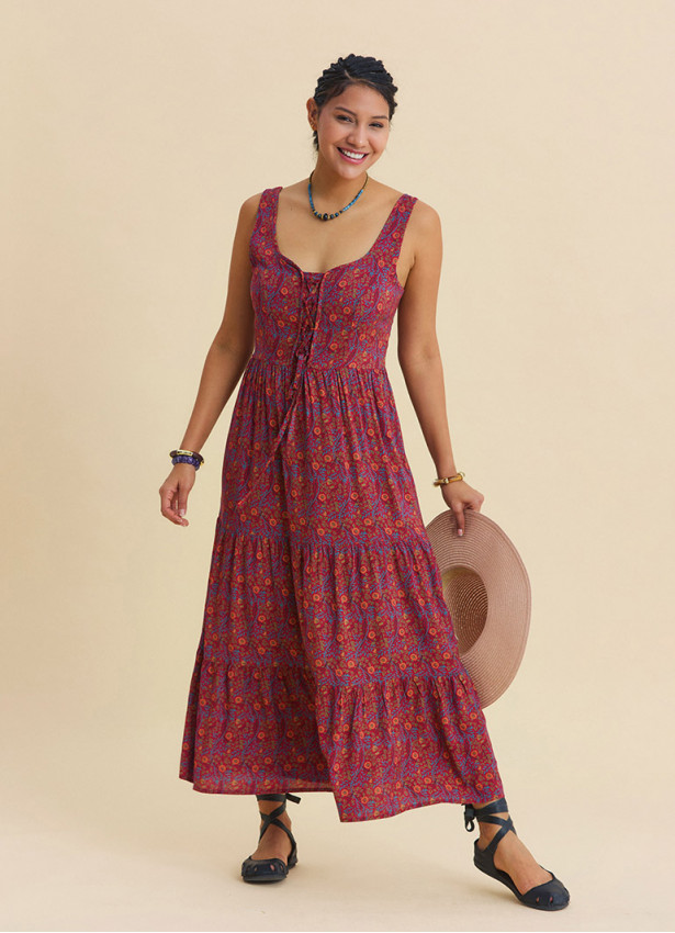 Wide Collar Front Tie Red Floral Dress 4824