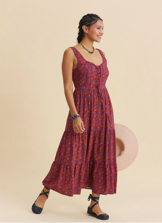 Wide Collar Front Tie Red Floral Dress 4824