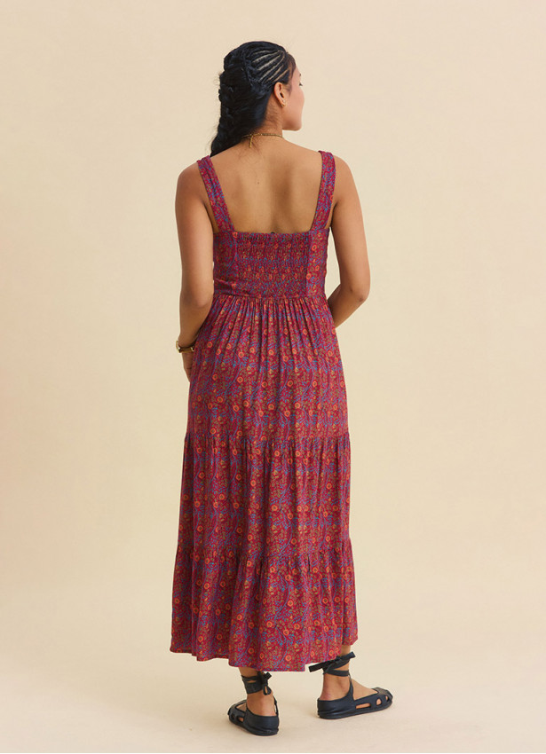 Wide Collar Front Tie Red Floral Dress 4824