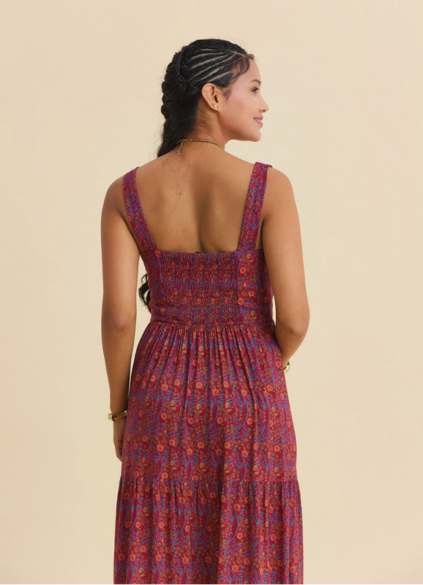 Wide Collar Front Tie Red Floral Dress 4824