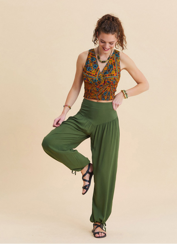 Comfortable Fit, Gathered Hem, Khaki Womens Summer Trousers 4855