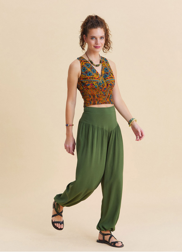 Comfortable Fit, Gathered Hem, Khaki Womens Summer Trousers 4855