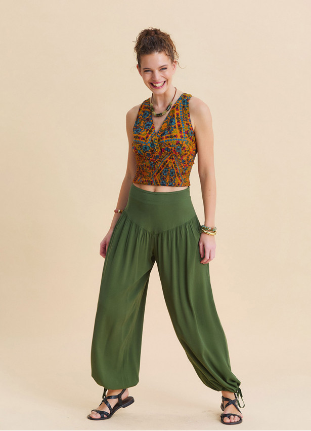 Comfortable Fit, Gathered Hem, Khaki Womens Summer Trousers 4855