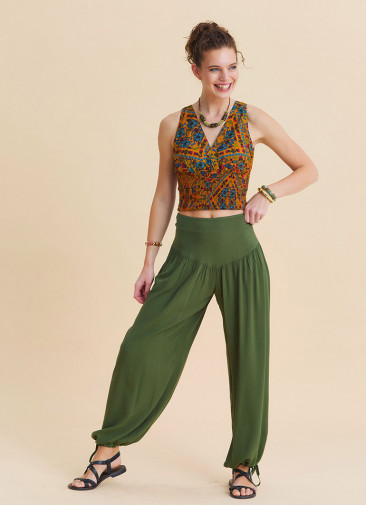 Comfortable Fit, Gathered Hem, Khaki Womens Summer Trousers 4855