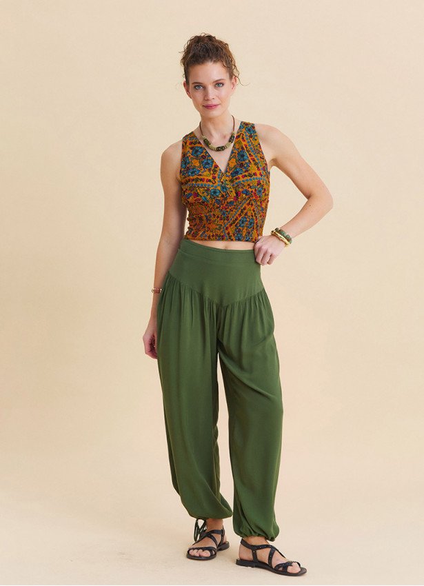 Comfortable Fit, Gathered Hem, Khaki Womens Summer Trousers 4855