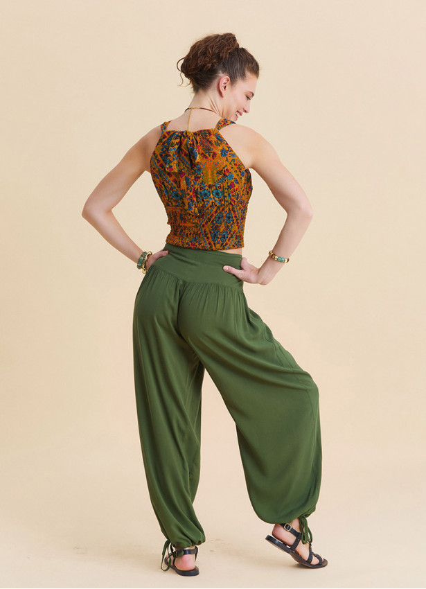 Comfortable Fit, Gathered Hem, Khaki Womens Summer Trousers 4855