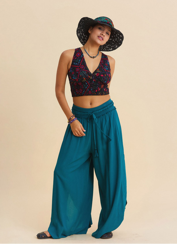 Womens Summer Trousers with Elasticated Waist and Side Slits Petrol Blue 4920