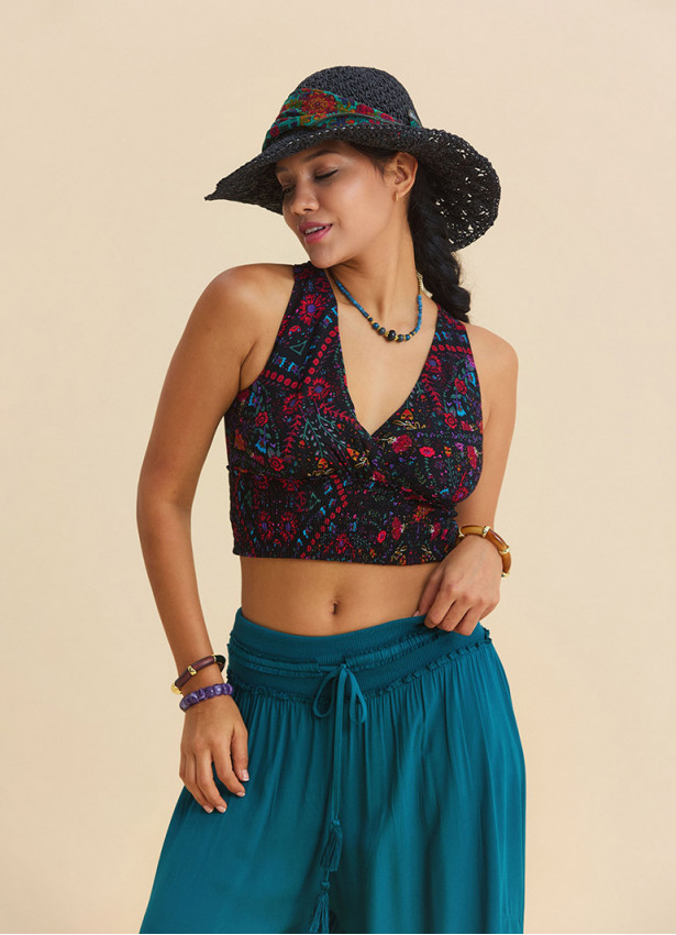 V neck  Gipe detailed  back tie black floral blouse 4926