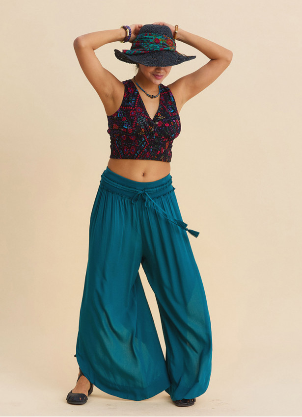 Womens Summer Trousers with Elasticated Waist and Side Slits Petrol Blue 4920