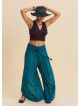 Womens Summer Trousers with Elasticated Waist and Side Slits Petrol Blue 4920