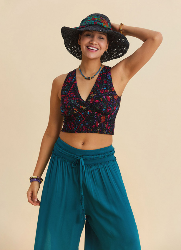 V neck  Gipe detailed  back tie black floral blouse 4926