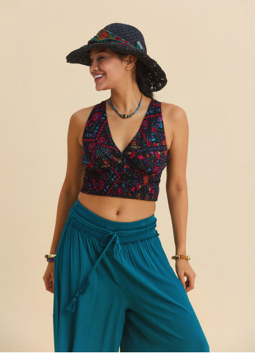 V neck  Gipe detailed  back tie black floral blouse 4926