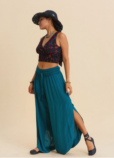 Womens Summer Trousers with Elasticated Waist and Side Slits Petrol Blue 4920