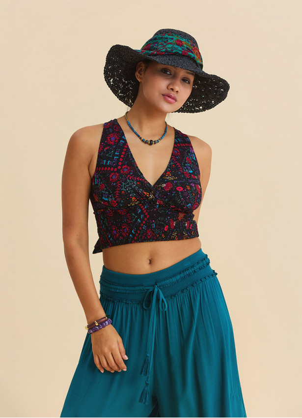 V neck  Gipe detailed  back tie black floral blouse 4926