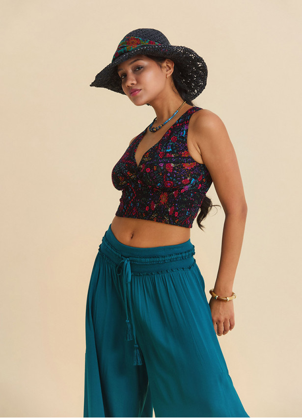 V neck  Gipe detailed  back tie black floral blouse 4926