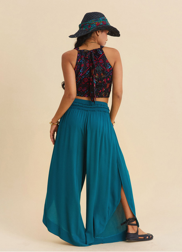 Womens Summer Trousers with Elasticated Waist and Side Slits Petrol Blue 4920