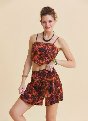 Cross Front Side Zip Coral Print Shorts Skirt 4942