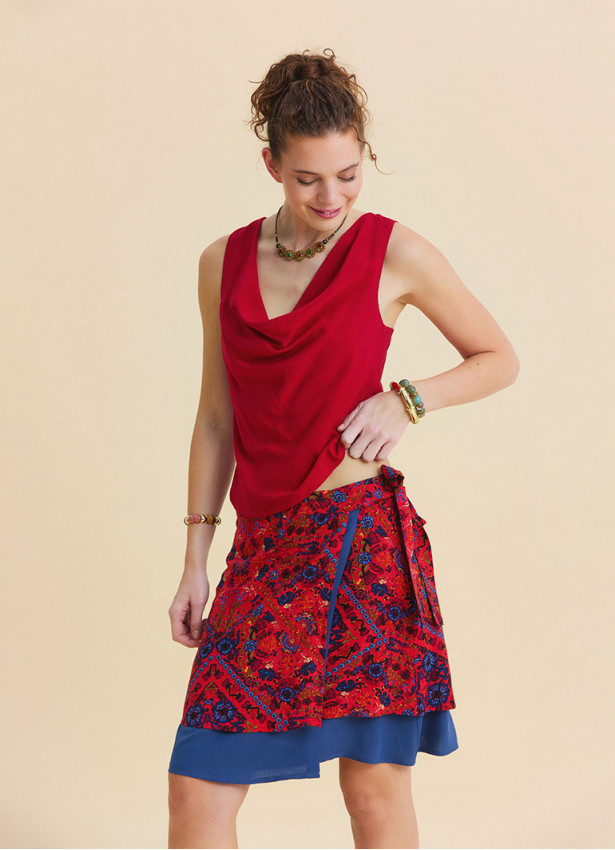 Double Layered Wrap Style Red Floral Skirt 4969